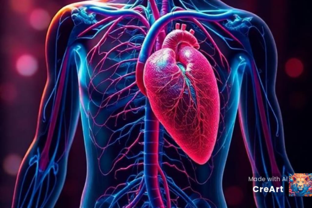 Image of a human body with the heart highlighted, where Three supplements recommends supplements for vein unclogging and cardiovascular health.