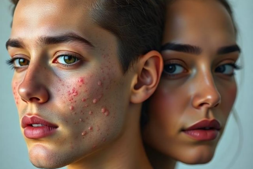 Acne Treatments: A man with a face full of pimples and a woman with clear, smooth skin, showcasing the powerful results of effective acne treatments.