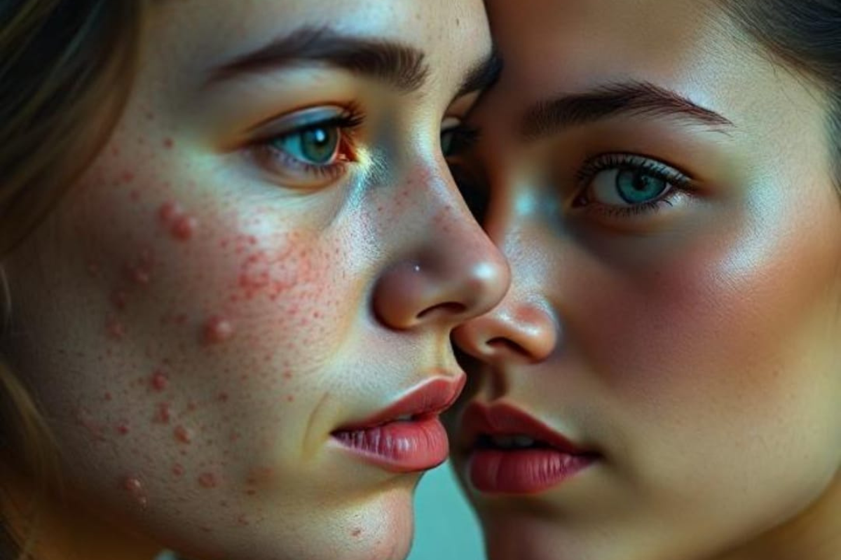 Acne Treatments Before and after of a young person, showing a face full of pimples and then with clear, healthy skin, the result of effective treatments.